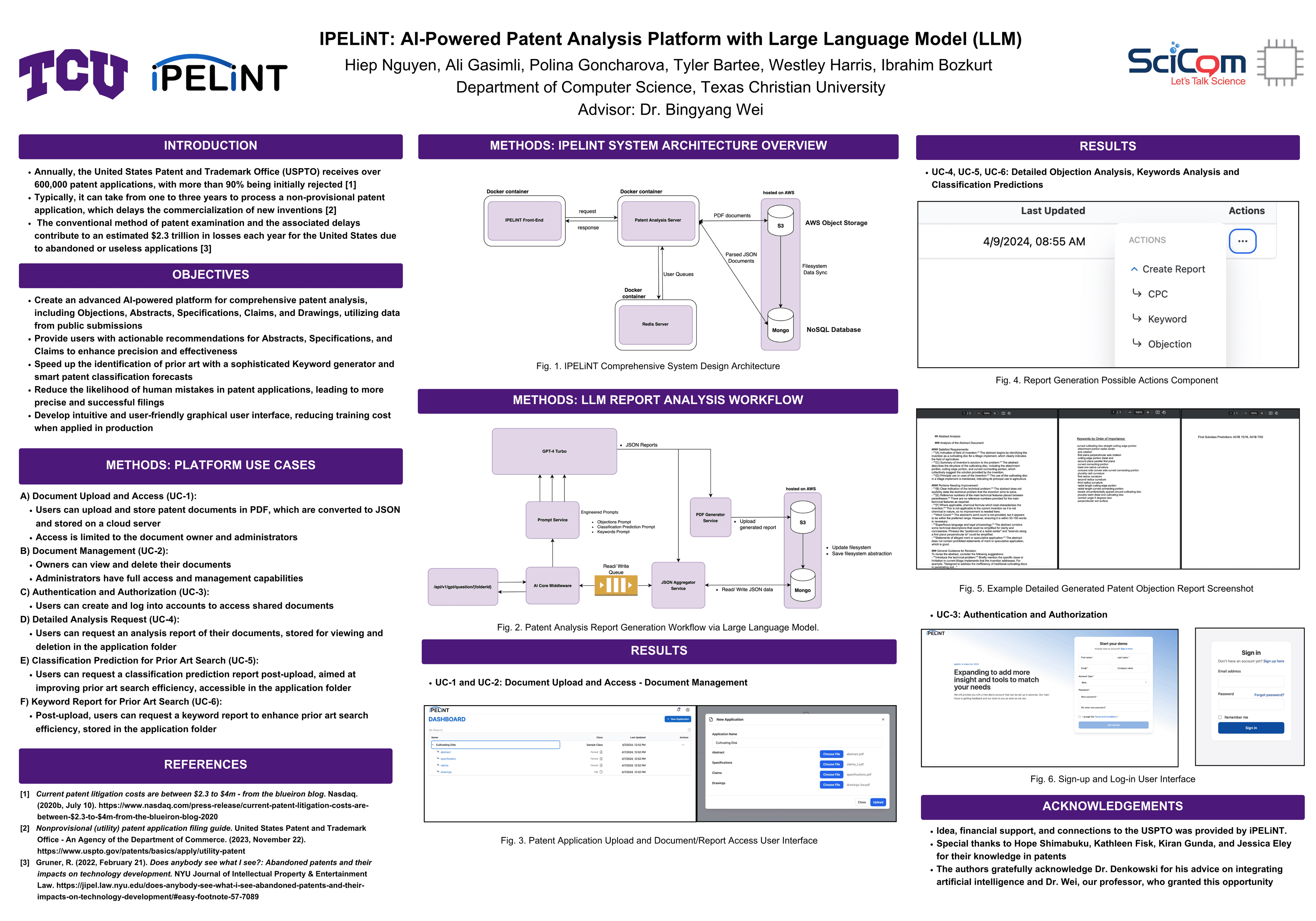 IPELiNT research poster detailing system architecture, LLM report workflow, and results