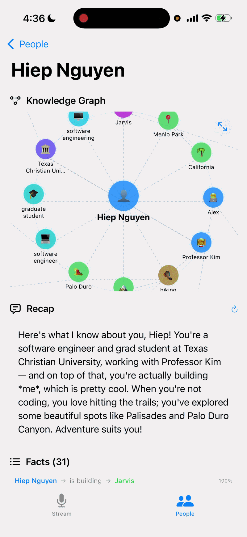 Jarvis iOS app demo showing a contact knowledge graph and AI recap
